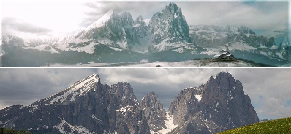 Sopra un fotogramma tratto dalla serie Netflix "The Witcher". Sotto, il gruppo del Sassolungo (foto Dolomiti.it) specchiato per rendere più agevole in confronto Sopra un fotogramma tratto dalla serie Netflix "The Witcher"